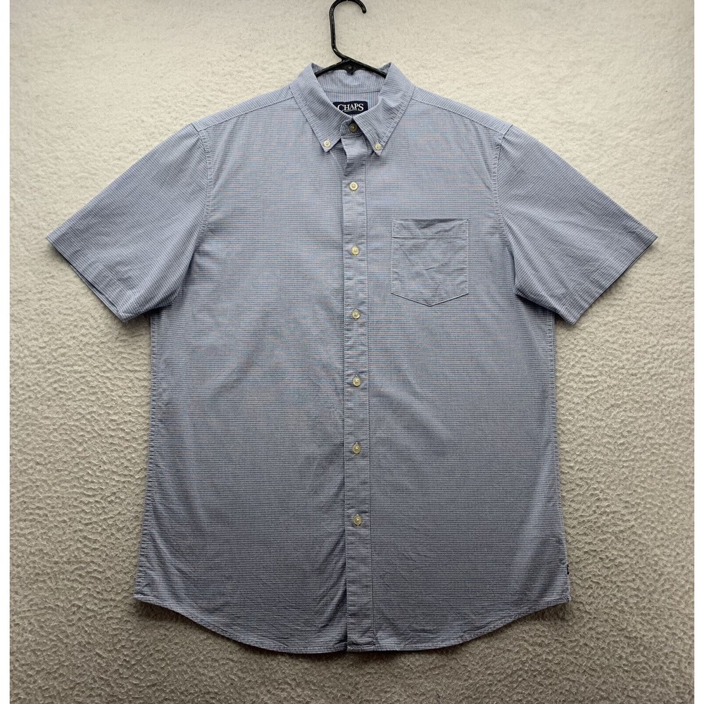 Chaps Button Up Shirt Mens Medium Poplin Stretch Relaxed Blue White Check Preppy